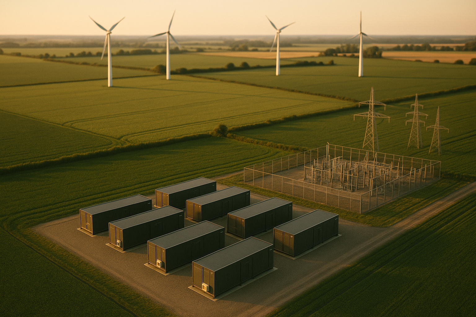 Aerial view of an Orange Wheel modular compute site beside a substation and wind farm