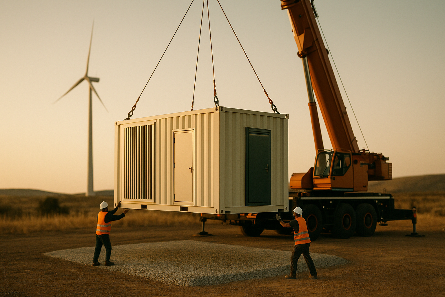 A modular compute container being craned onto its pad during deployment at a wind farm