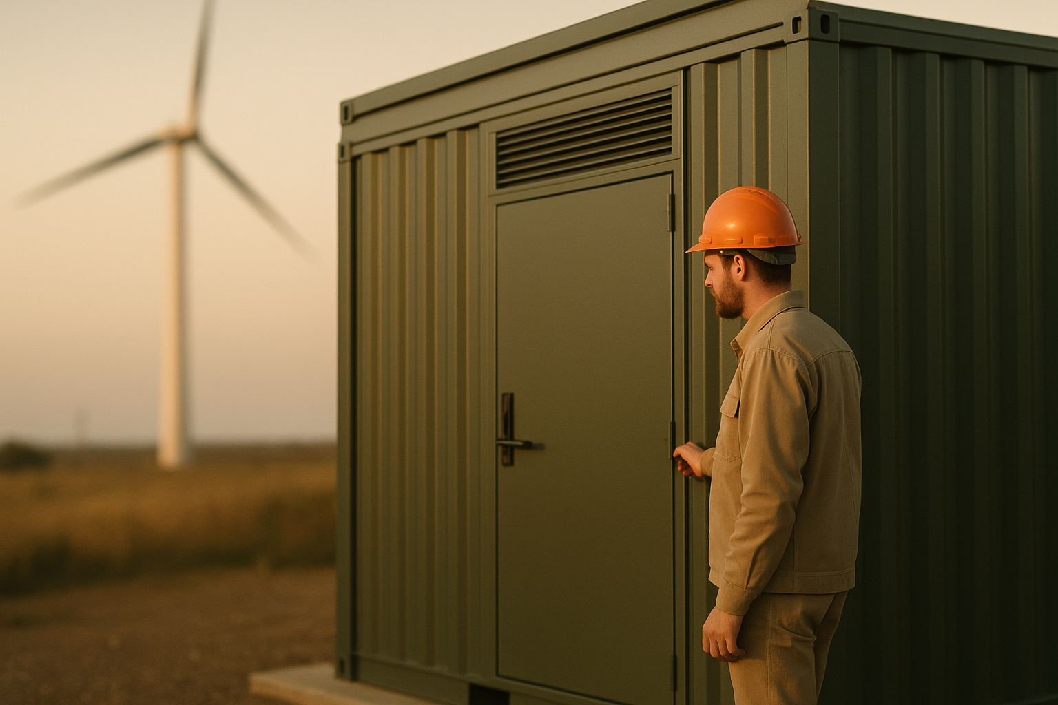 Orange Wheel engineer inspecting a modular compute container at a wind energy site