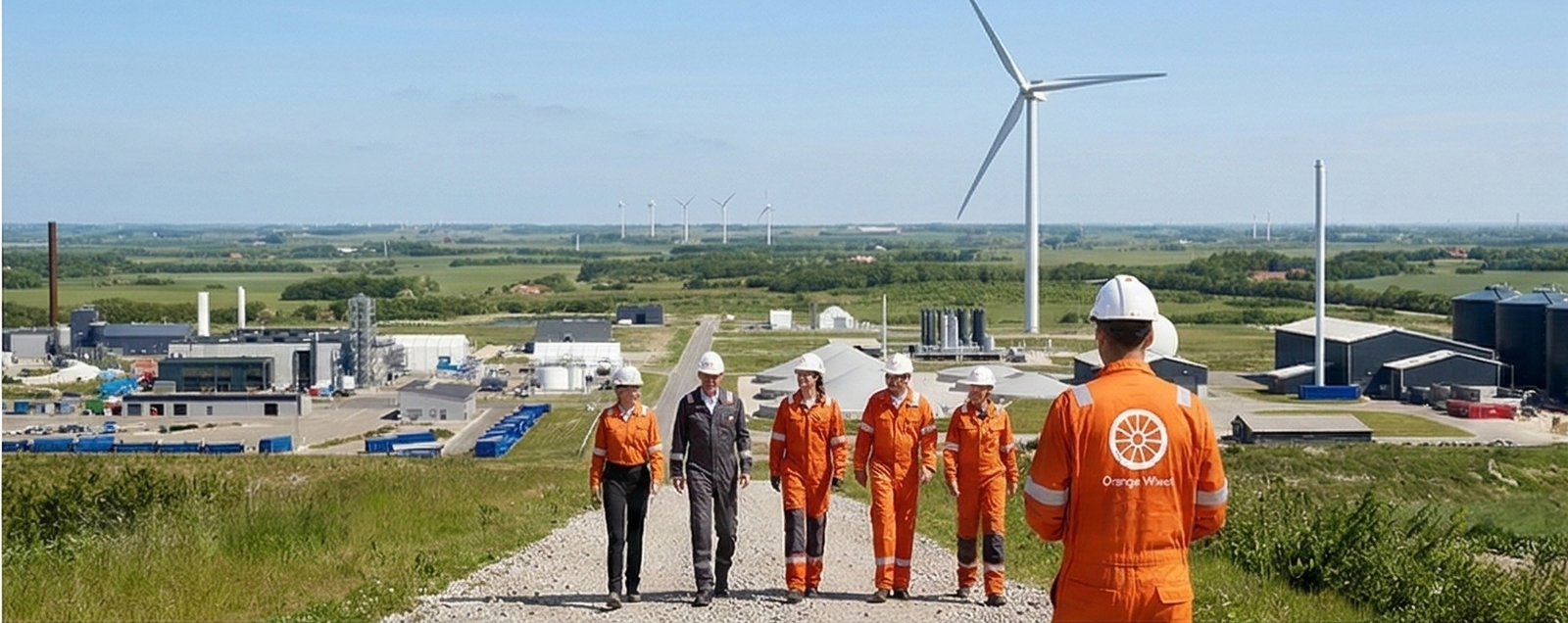 Orange Wheel team at energy site with wind turbines